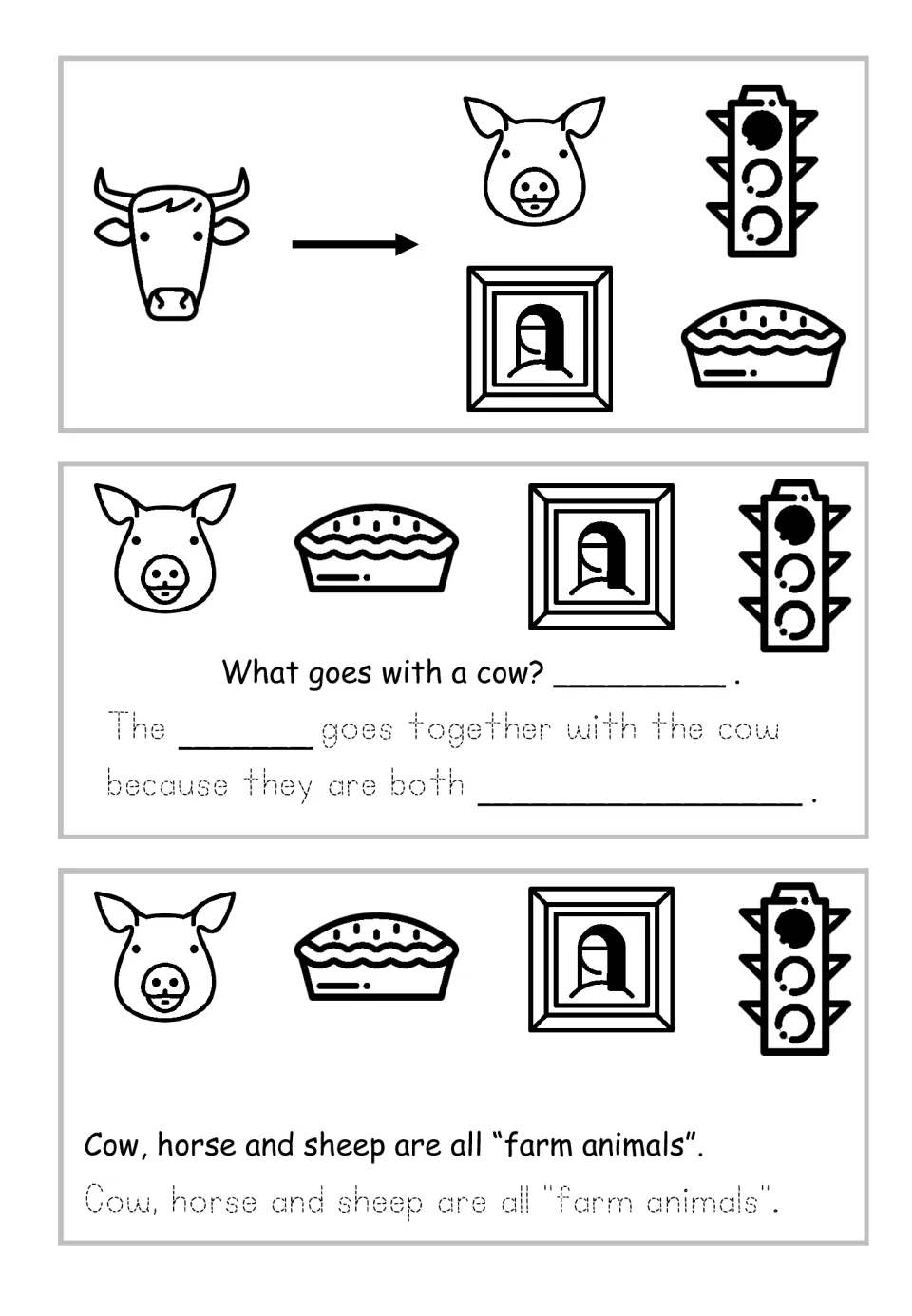 Farm animals in black and white: what goes with a cow? Students choose from pig, pie, framed portrait and traffic light