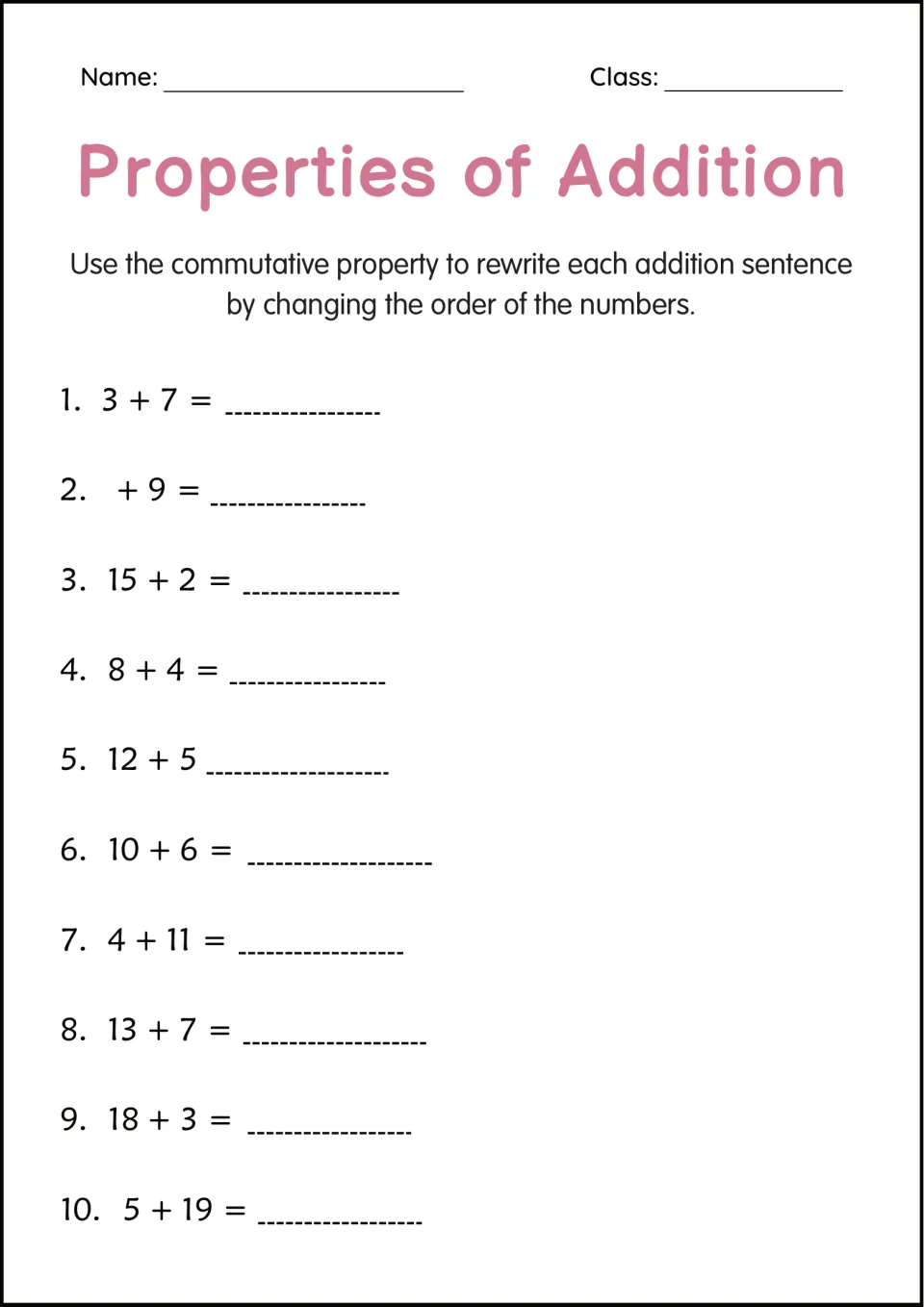 Commutative property of addition: students rewrite 10 sums such as 3 + 7 and 5 + 19 by switching the order of the addends