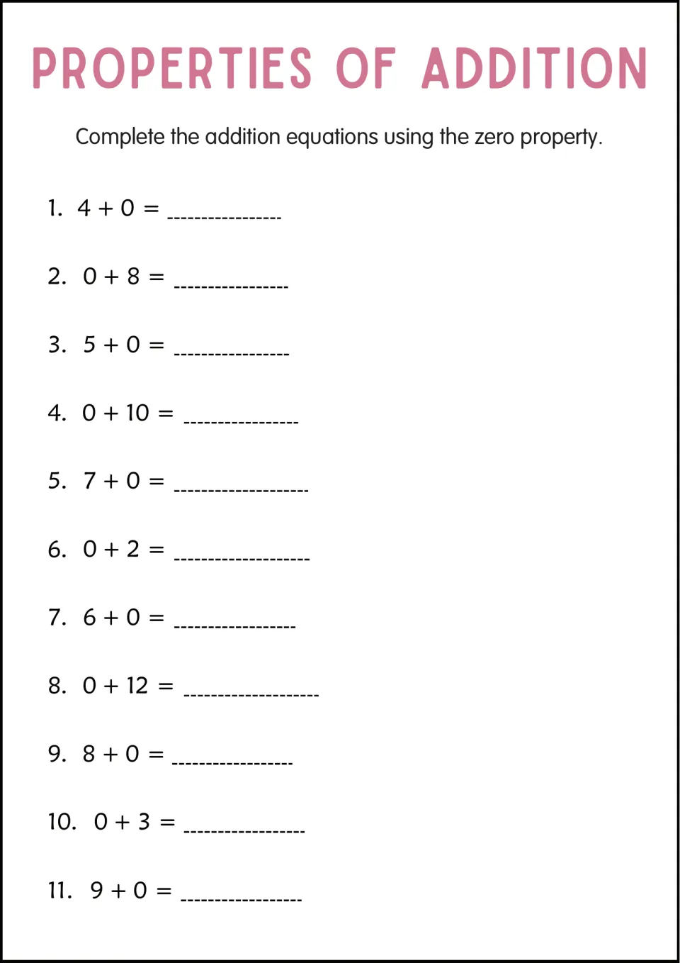 Zero property of addition: students complete 11 equations with zero as one addend, from 4 + 0 and 0 + 8 through 9 + 0