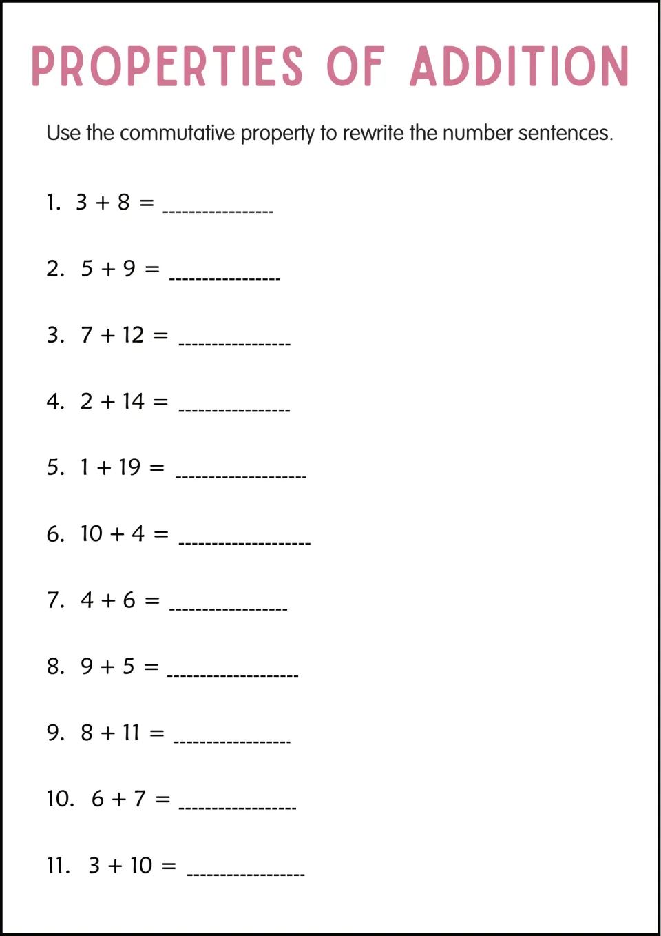 Commutative property review: students rewrite 11 number sentences such as 7 + 12 and 1 + 19 with addends in reverse order