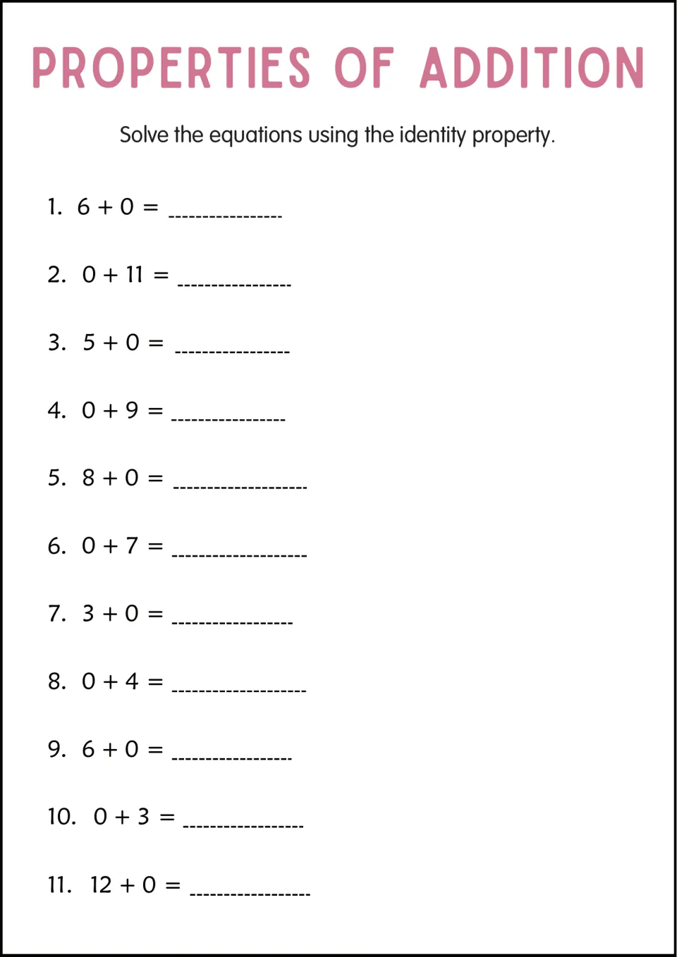 Identity property practice: students solve 11 equations that add zero to a number, including 0 + 11, 8 + 0 and 12 + 0