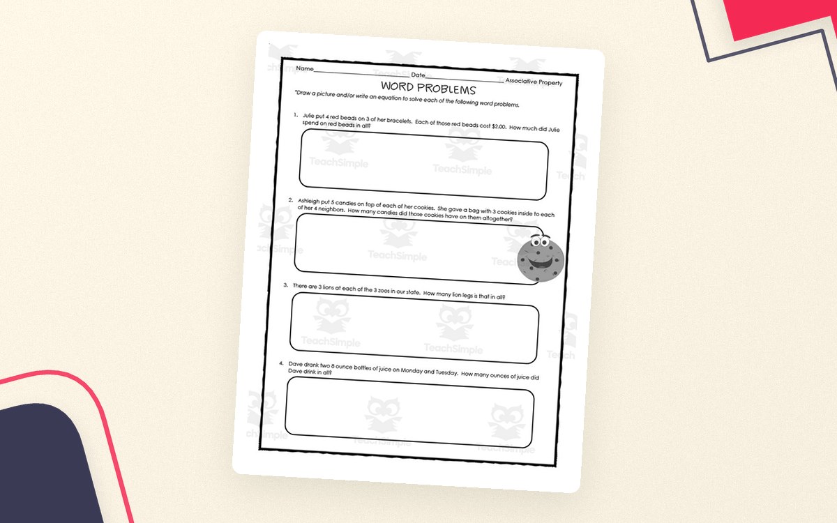 Associative Property word-problem worksheet with three large equation-and-explanation boxes.