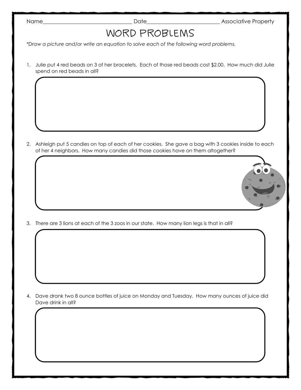 Multiplication story problems 1-4: students draw or write an equation for beads, cookie candies, lion legs and juice
