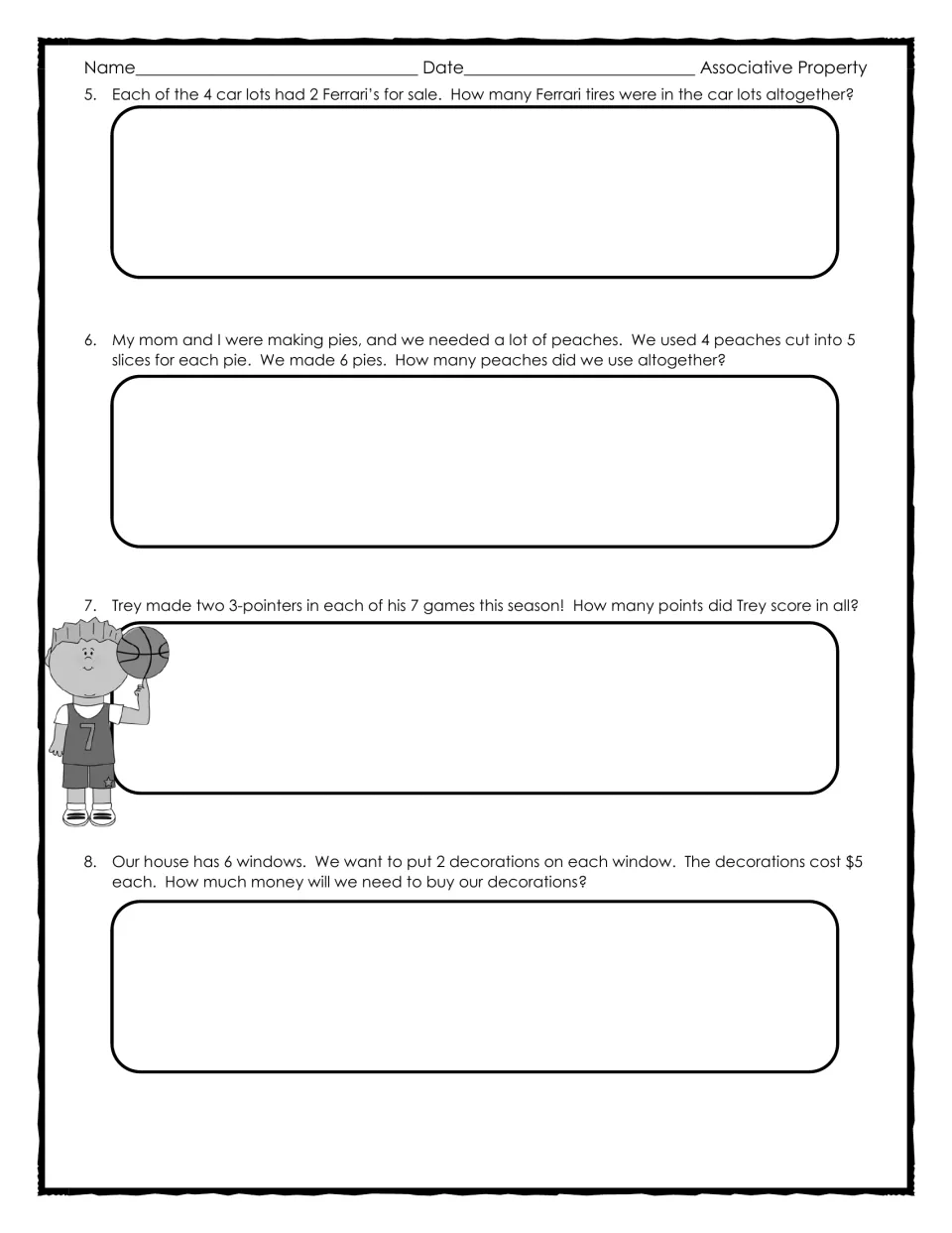 Grouping three factors in problems 5-8: students solve for Ferrari tires, peach pies, 3-pointers and window decorations