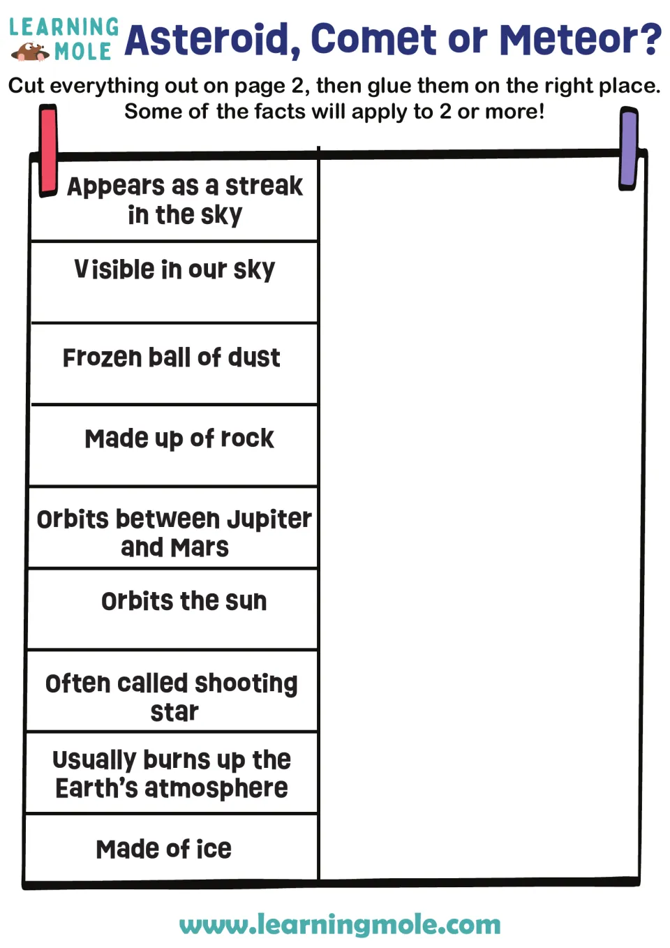 Space object facts sort: students glue comet, meteor or asteroid pictures beside 9 facts, some fitting 2 or more