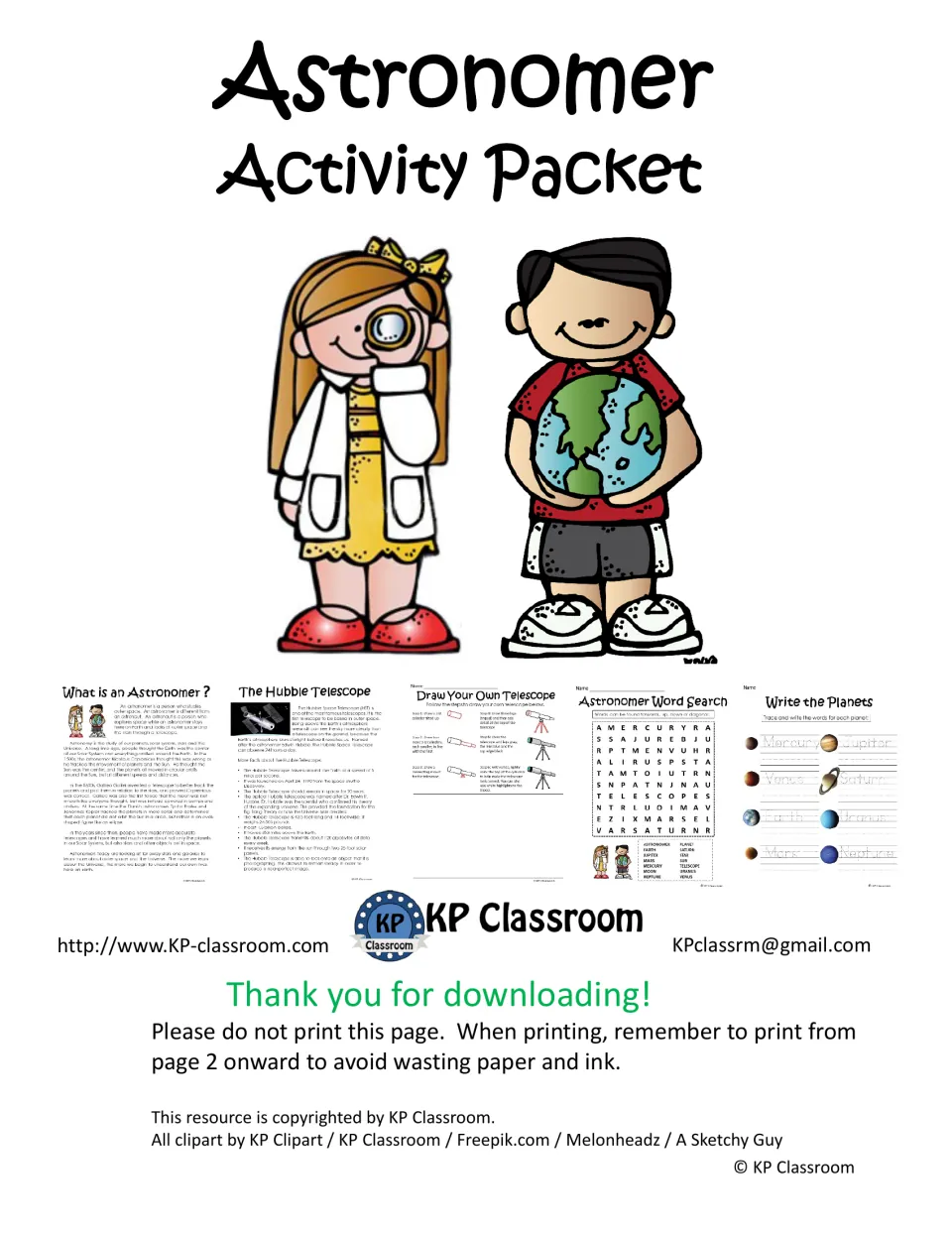Cover of the Astronomer Activity Packet showing sample reading, telescope drawing, and vocabulary activities
