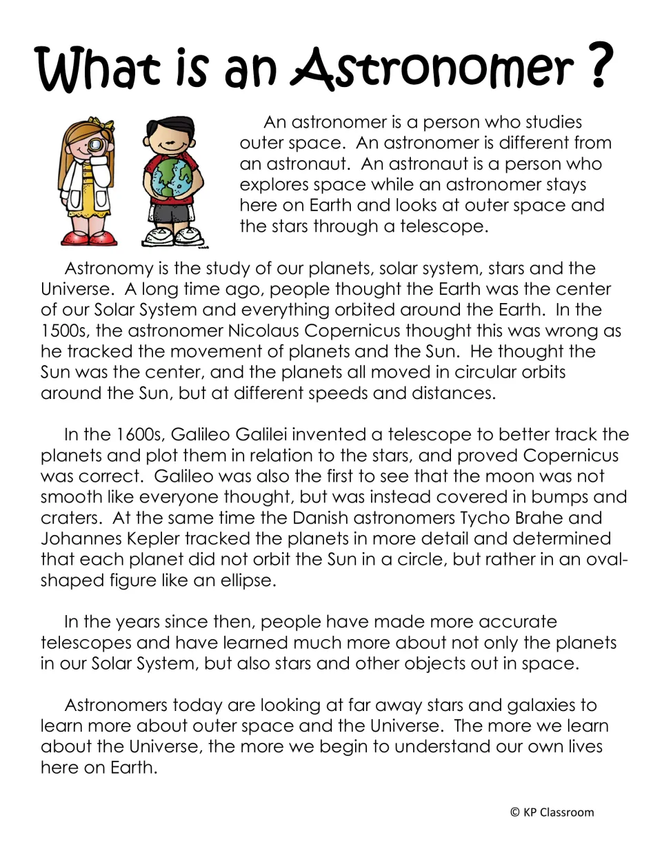 Introductory astronomy reading explains astronomers' work and discusses Copernicus, Galileo, Brahe, and Kepler
