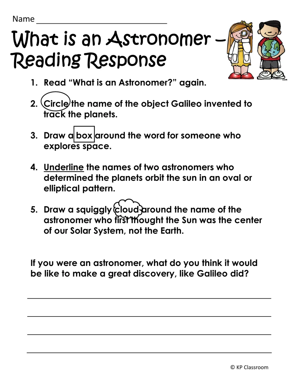 Astronomer reading response asks students to mark details in the passage and write about making a discovery