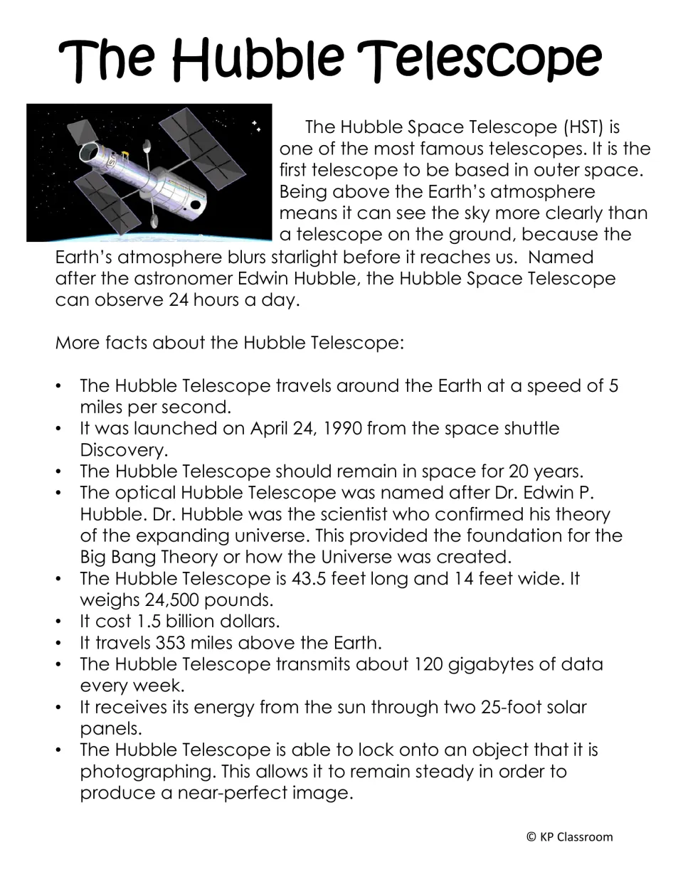 Hubble Telescope reading describes observing from space, its launch, solar panels, and transmission of data