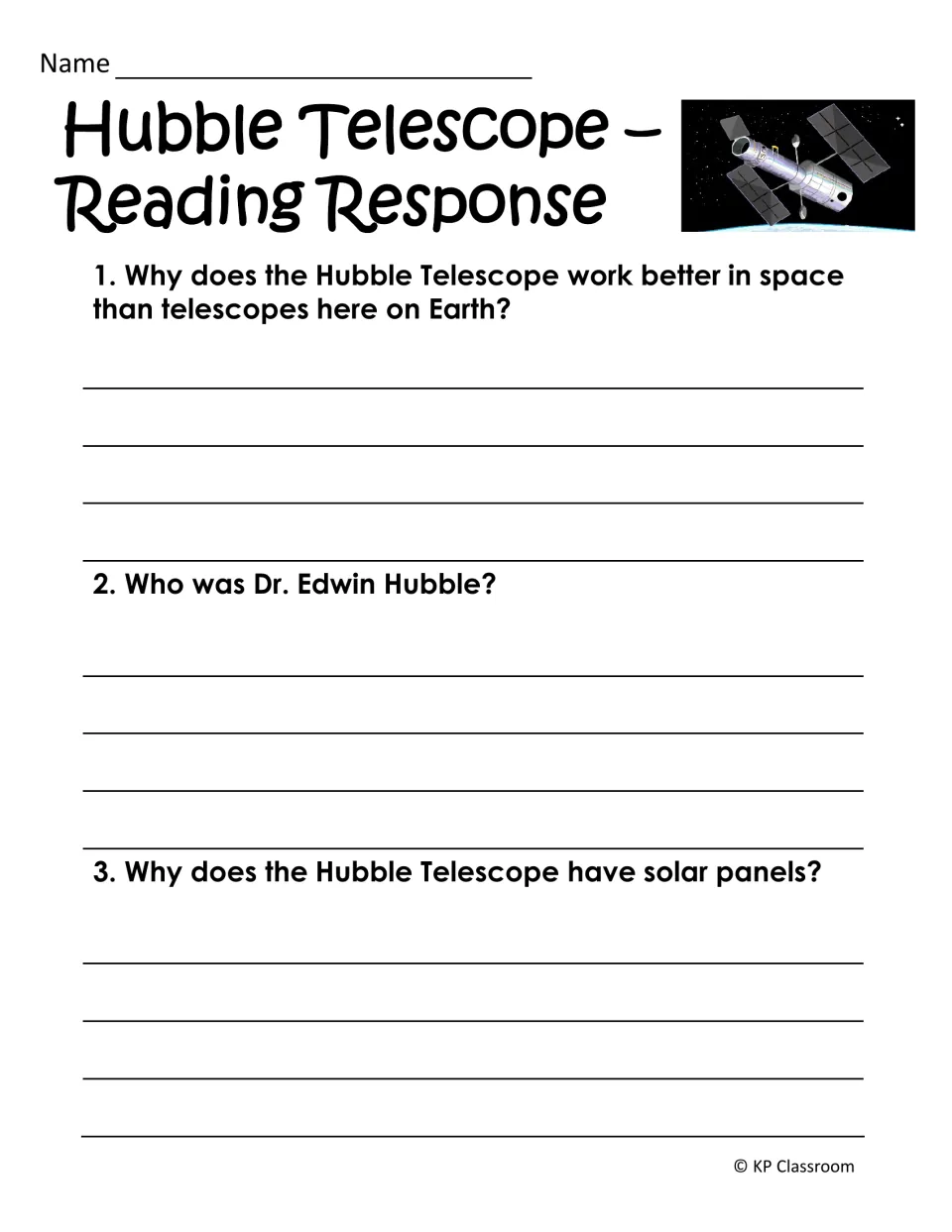 Hubble reading response asks why the telescope works better in space, who Edwin Hubble was, and why it has solar panels