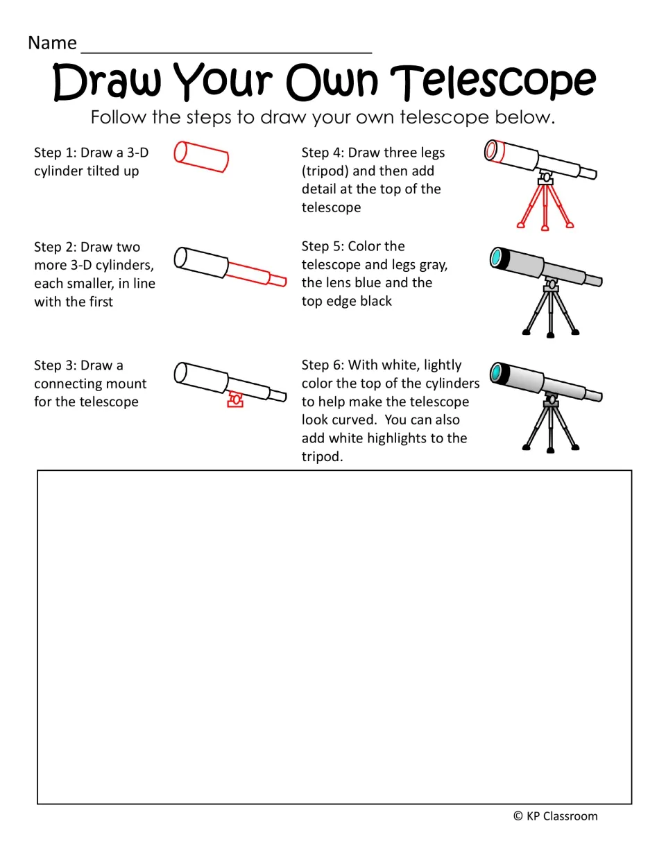 Telescope drawing activity gives six illustrated steps for adding cylinders, a mount, tripod legs, and color