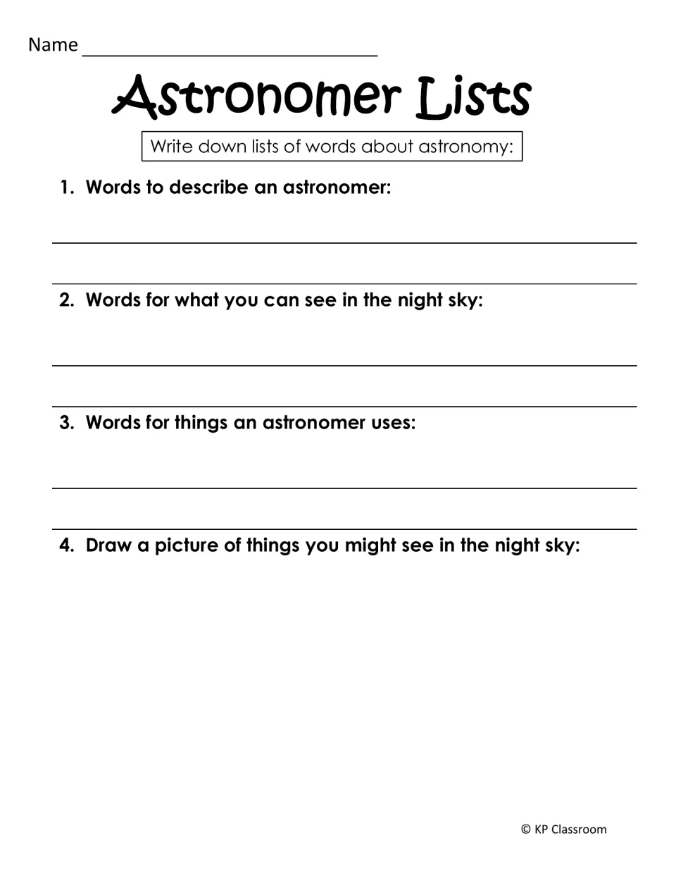 Astronomer Lists activity asks for descriptive words, night-sky objects, tools, and a drawing of the night sky