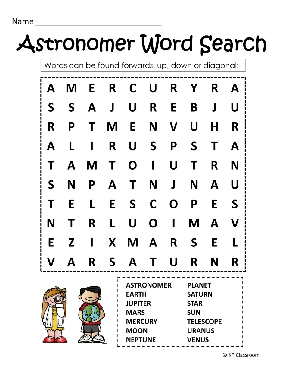 Astronomer word search includes 14 terms: astronomer, Earth, Jupiter, Mars, Mercury, Moon, Neptune, and seven more