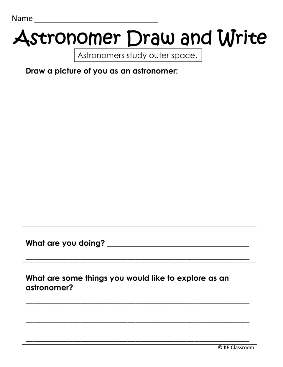 Astronomer draw-and-write activity asks students to depict themselves as astronomers and describe what they explore