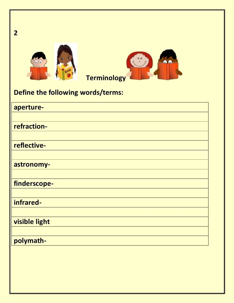 Terminology: students define aperture, refraction, reflective, astronomy, finderscope, infrared, visible light and polymath