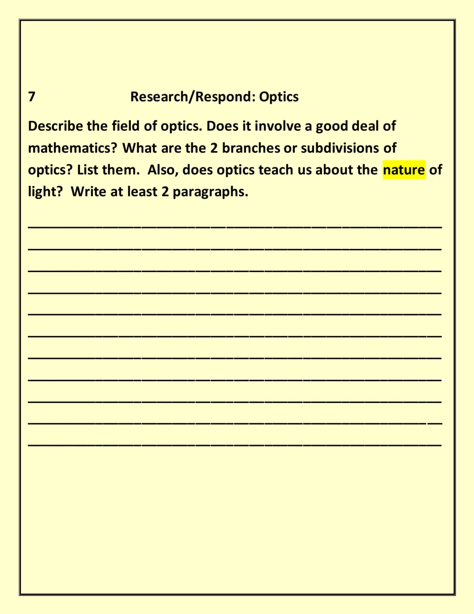 Optics research response: students describe the field, its use of math, its 2 branches and what it shows about light