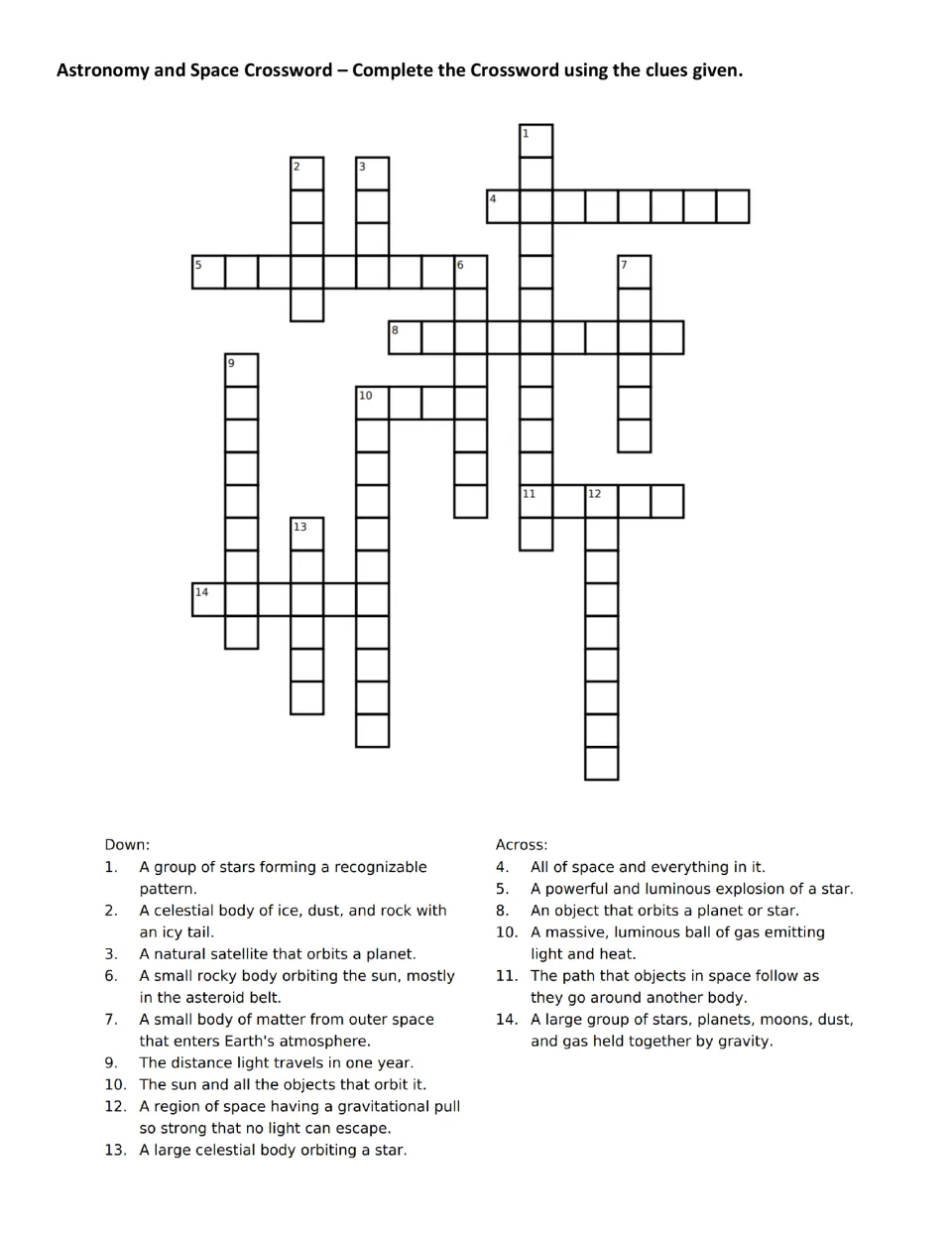 Space vocabulary crossword: students solve 14 down and across clues on comets, galaxies, orbits and black holes