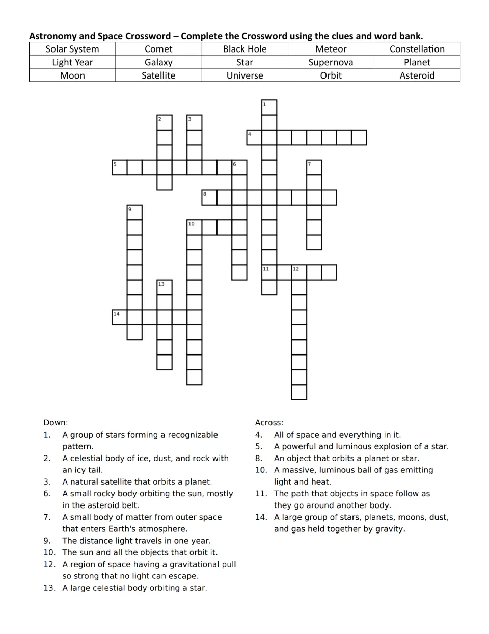 Astronomy crossword with a 15-term word bank, from solar system to supernova; students match terms to 14 definition clues