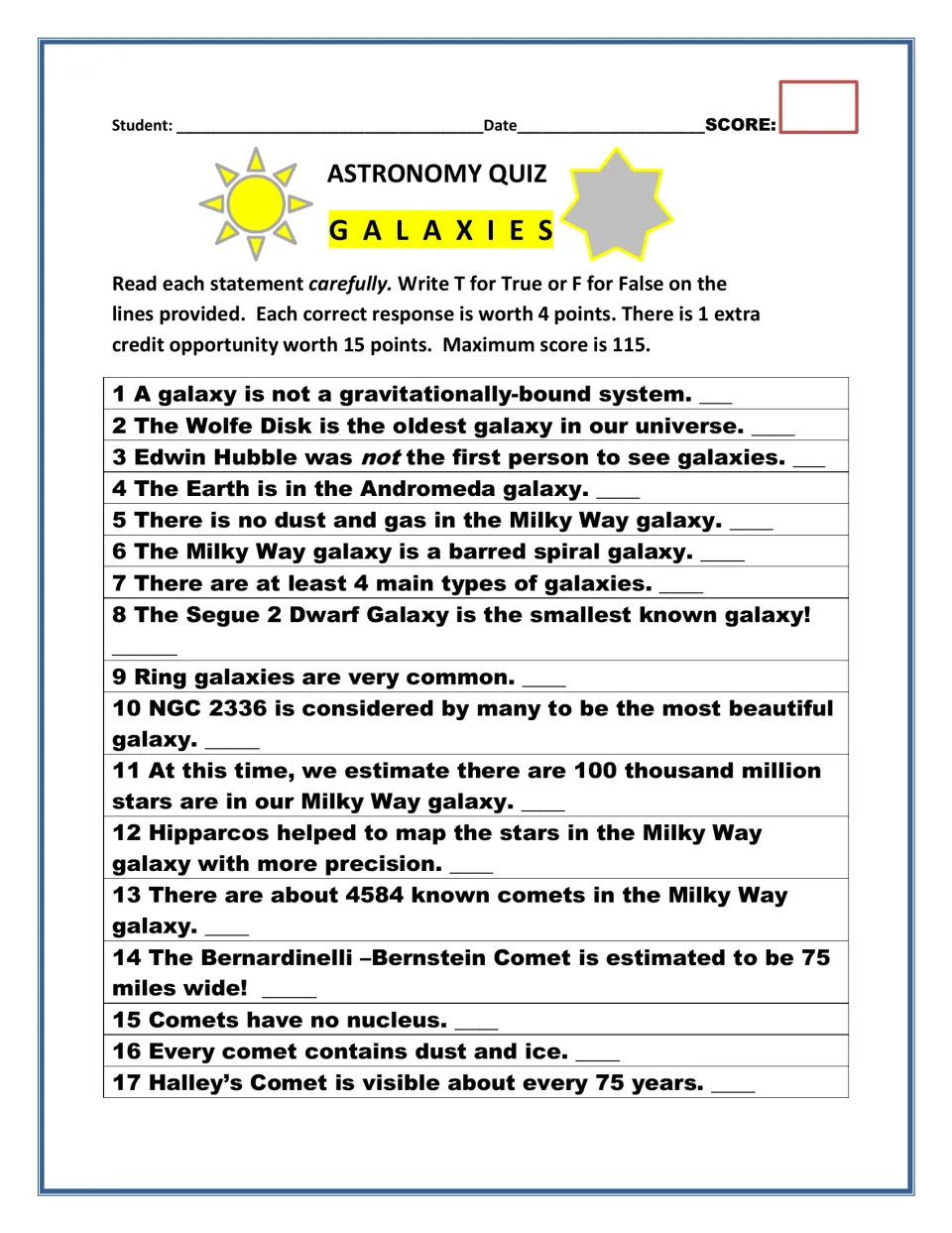 Galaxies true/false quiz: students mark T or F for 17 statements on the Milky Way, Andromeda, galaxy types and comets