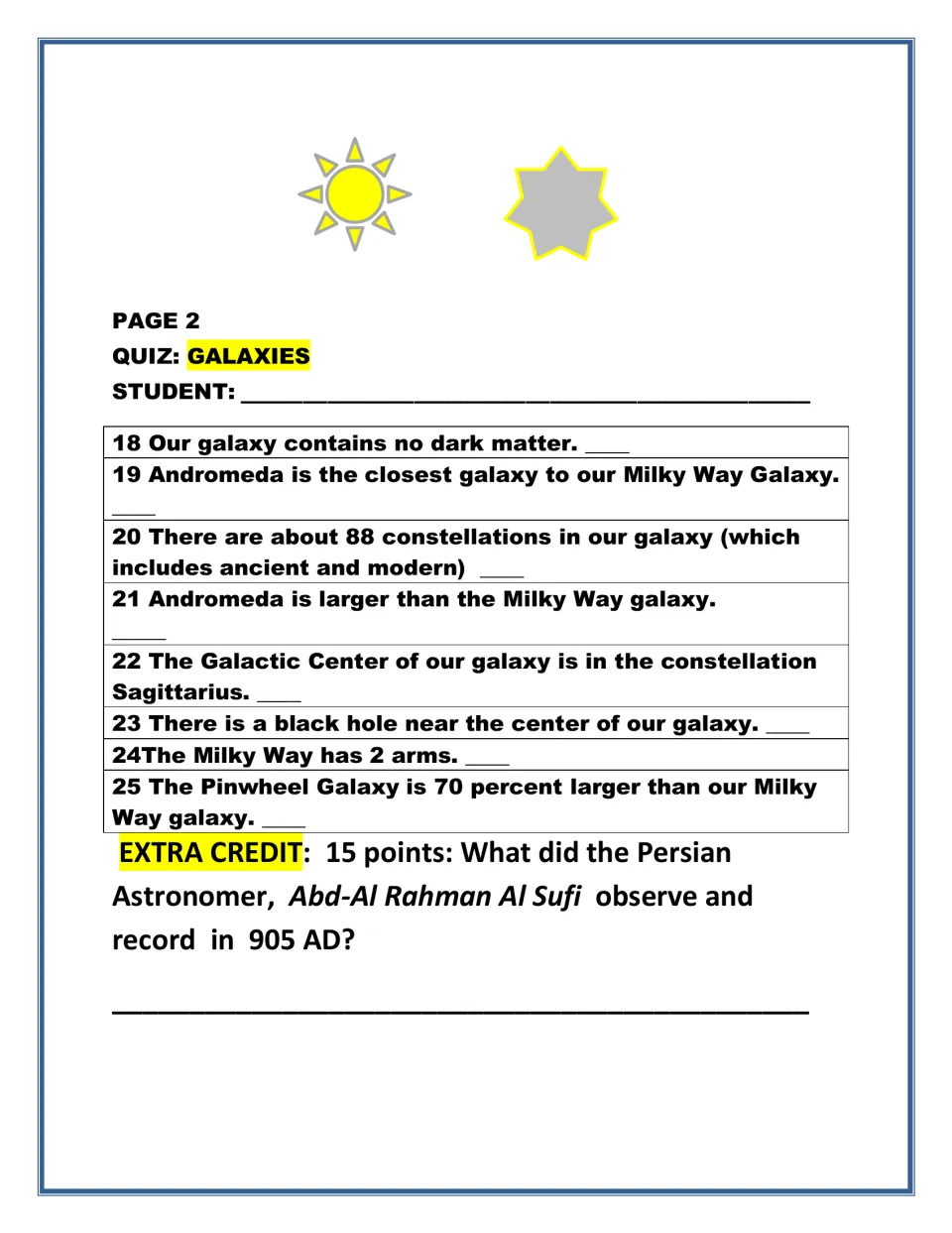 Galaxies quiz, continued: students mark T or F for items 18-25 on dark matter and Andromeda, then answer an Al Sufi bonus