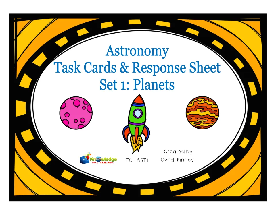 Cover of Astronomy Task Cards & Response Sheet, Set 1: Planets, by Cyndi Kinney, with a rocket and two cartoon planets
