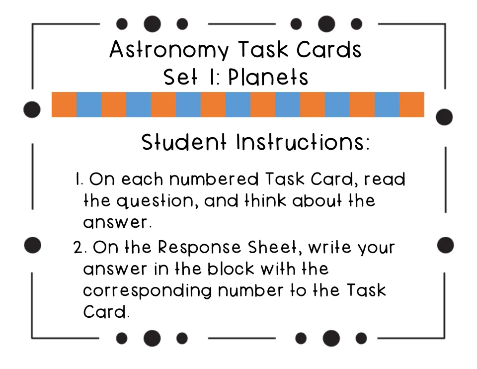Student instructions: read the question on each numbered card, then write the answer in the matching response sheet block