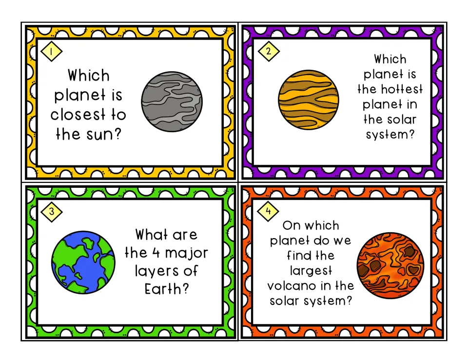 Planet task cards 1-4 ask which planet is closest to the sun, the hottest planet, Earth's 4 layers and the largest volcano