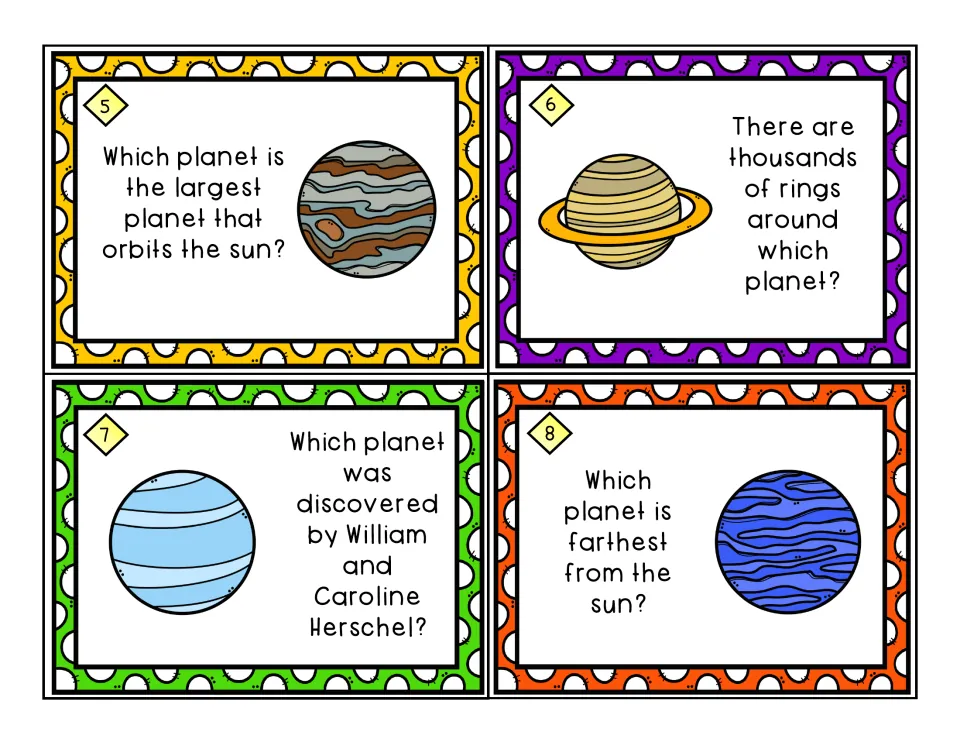 Task cards 5-8 ask for the largest planet, the ringed planet, the planet the Herschels discovered and the farthest planet