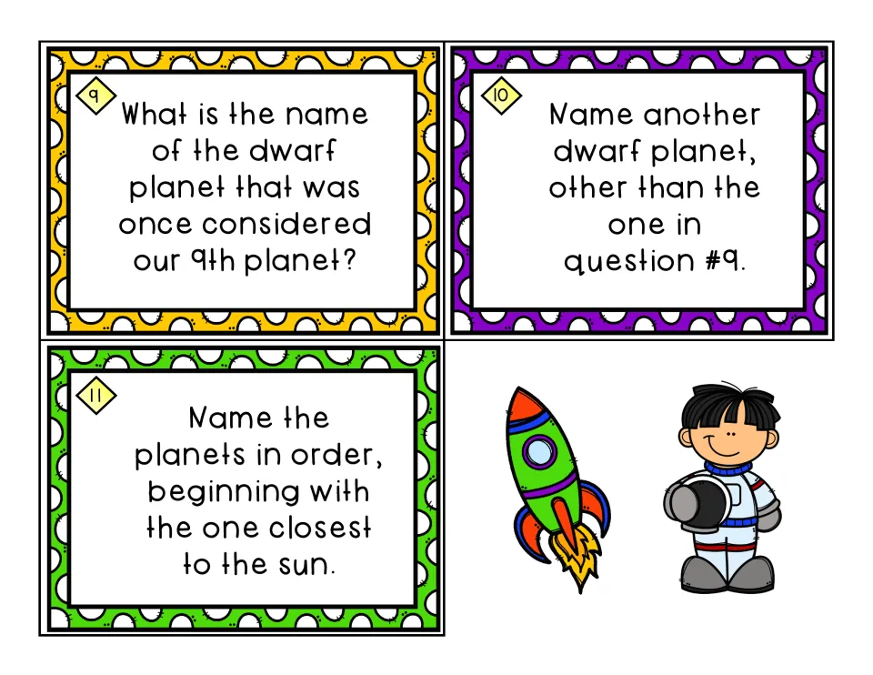 Task cards 9-11 on dwarf planets: name the former 9th planet, name another dwarf planet, and list the planets in order
