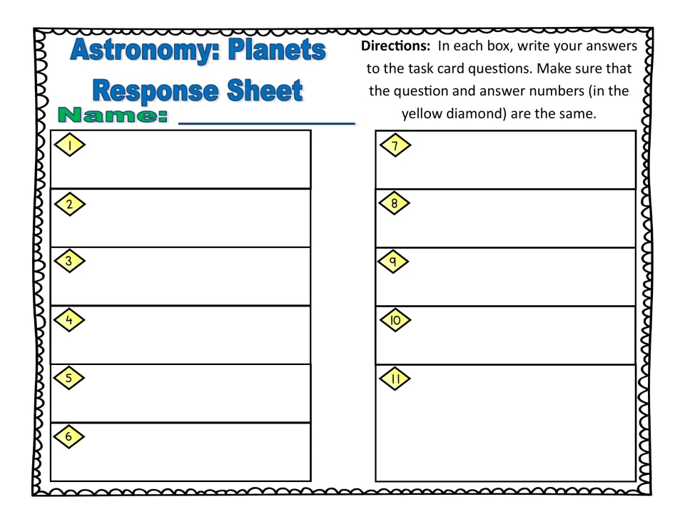 Astronomy: Planets response sheet where students write answers to task cards 1-11 next to numbers that match each card