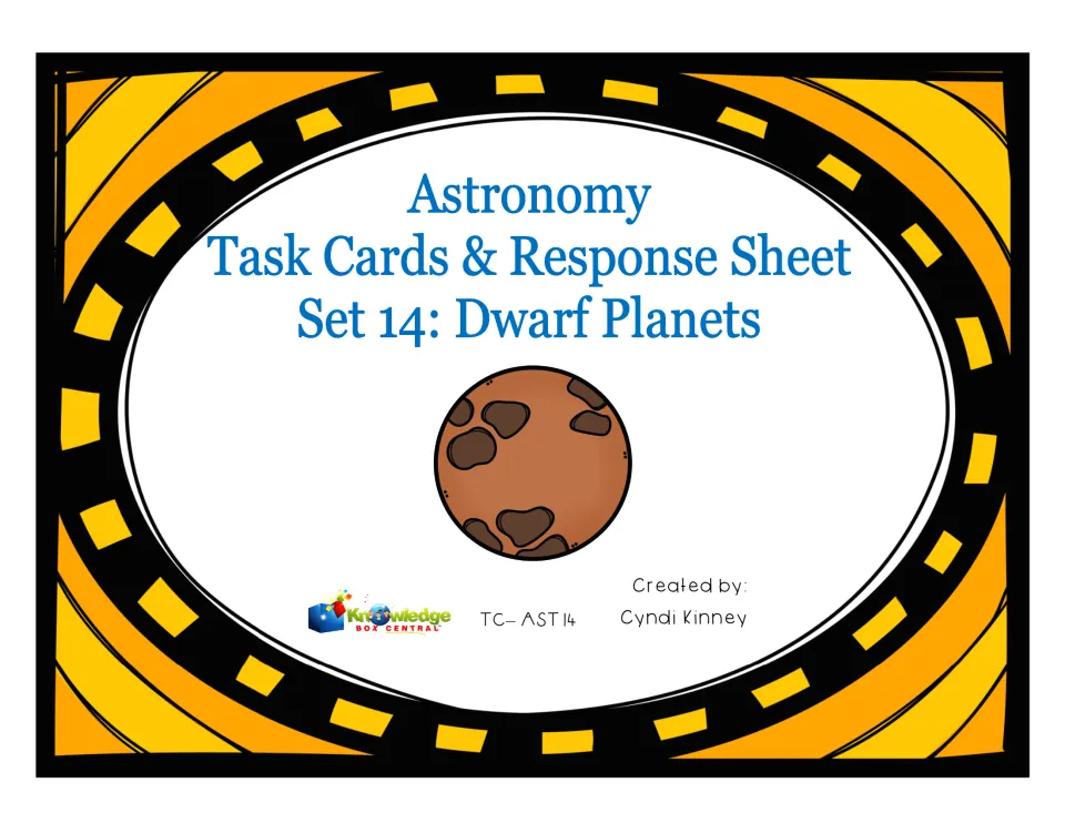 Cover of Astronomy Task Cards & Response Sheet, Set 14: Dwarf Planets, showing a brown cratered dwarf planet drawing
