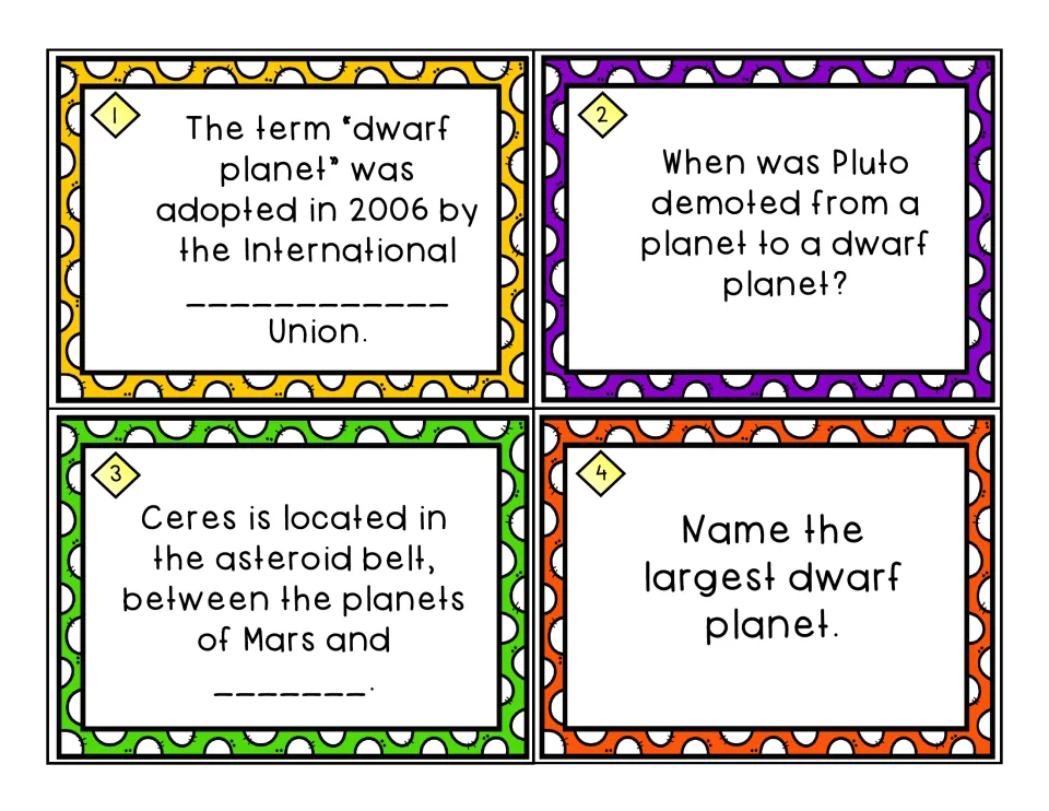 Dwarf planet task cards 1-4: fill-in-the-blank and short-answer questions on the 2006 term, Pluto's demotion and Ceres