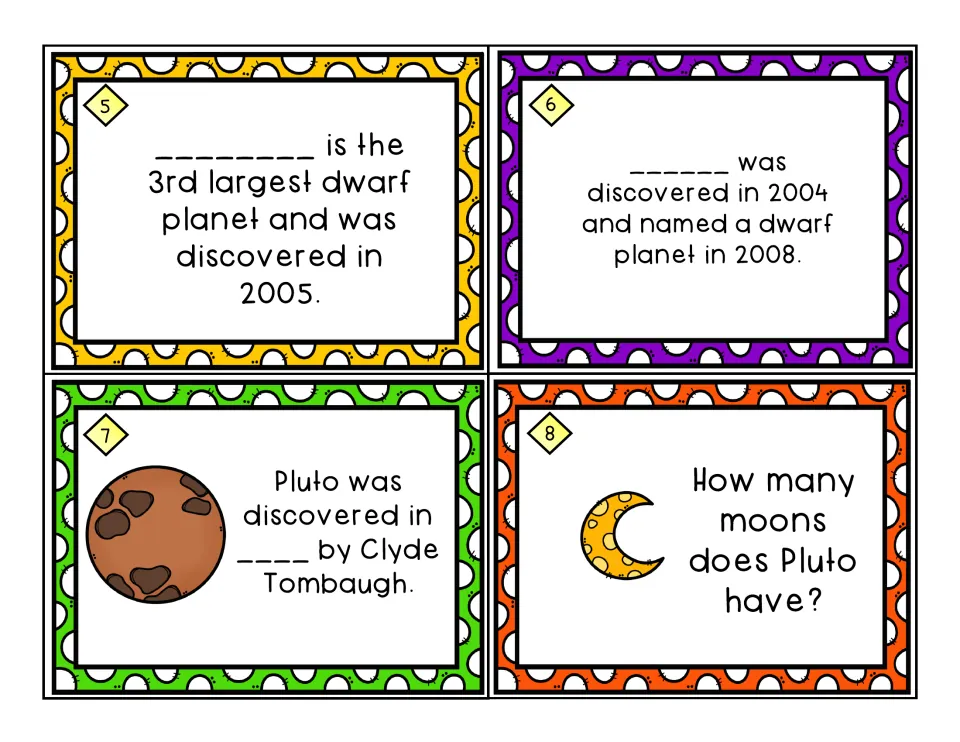 Dwarf planet task cards 5-8: students name dwarf planets by discovery date and recall Pluto's discovery year and moon count