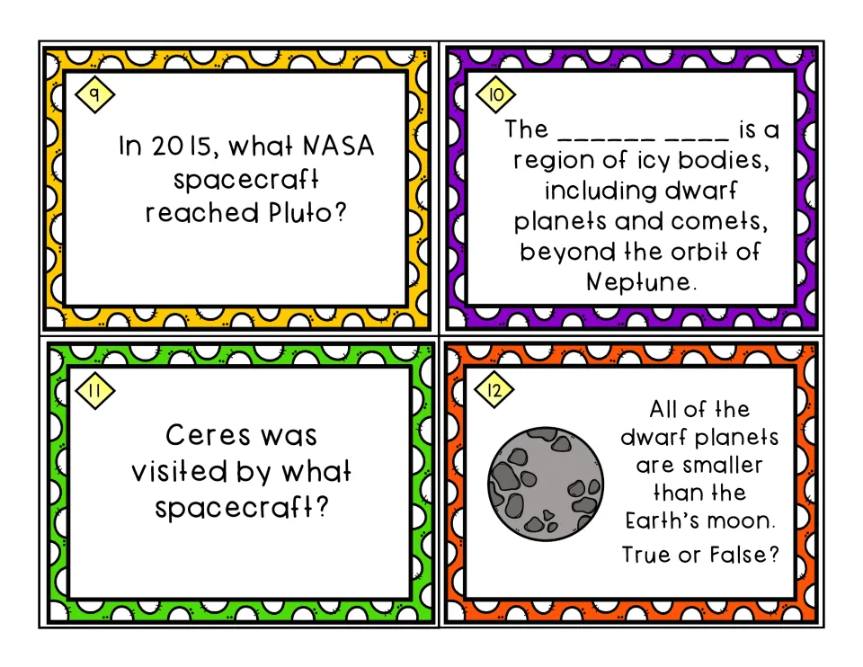 Dwarf planet task cards 9-12: spacecraft that reached Pluto and Ceres, the icy region past Neptune, and a true/false item