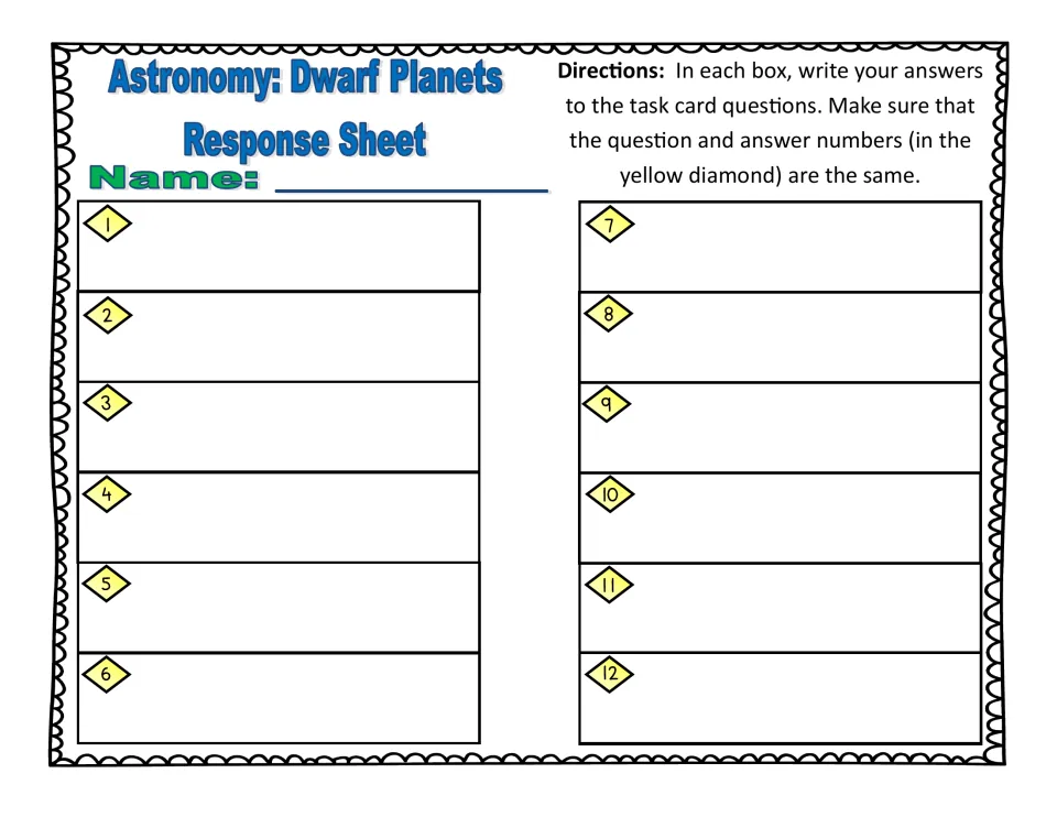 Dwarf planets response sheet: students write answers to task cards 1-12 in numbered spaces matching each card's diamond