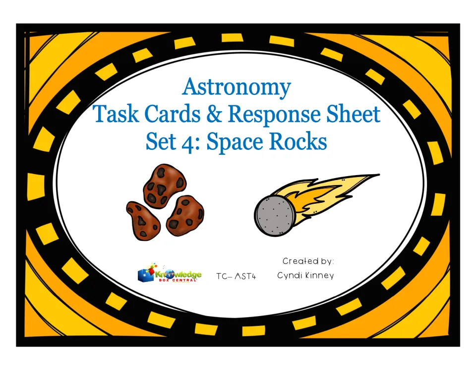 Cover of Astronomy Task Cards & Response Sheet, Set 4: Space Rocks, showing rock and comet clip art; by Cyndi Kinney