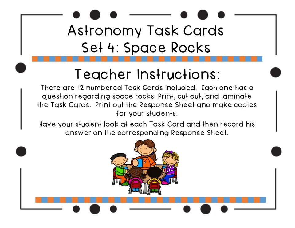 Teacher instructions: print, cut out and laminate 12 numbered space rock task cards and copy the response sheet