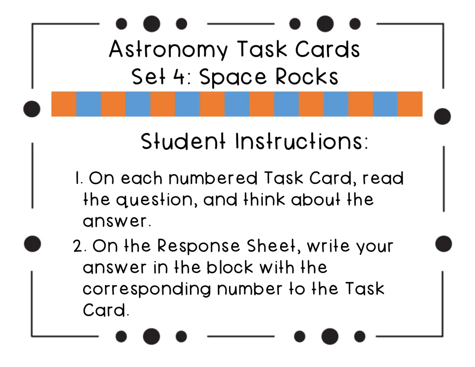 Student instructions: read each numbered task card question, then write the answer in the matching response box