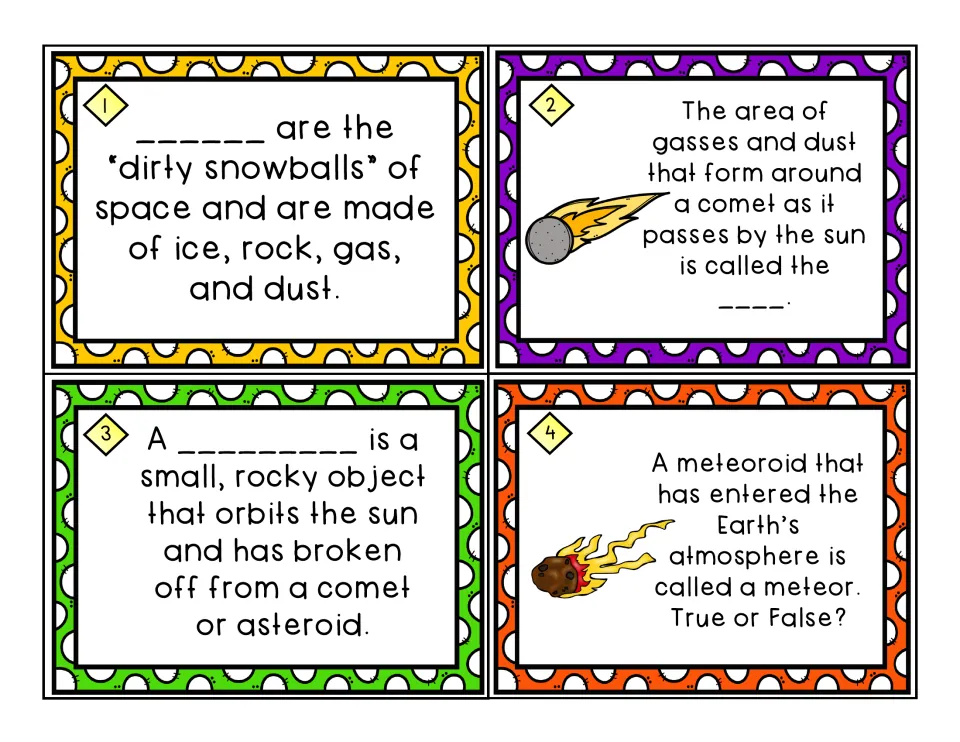 Comet and meteor task cards 1-4: fill in blanks on dirty snowballs, a comet's gas cloud and meteoroids, plus a true/false