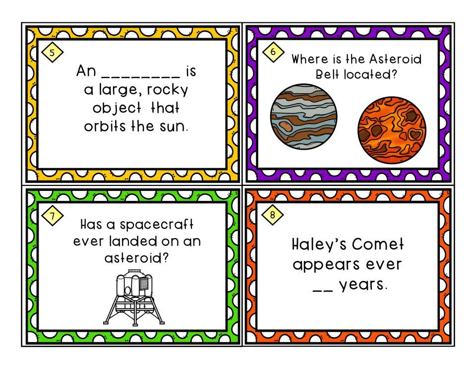 Task cards 5-8 on asteroids: define an asteroid, locate the Asteroid Belt, spacecraft landings and Haley's Comet years