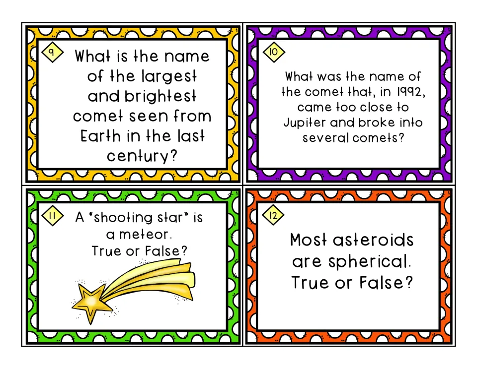 Task cards 9-12: name famous comets, including one that broke up near Jupiter in 1992, then true/false on shooting stars