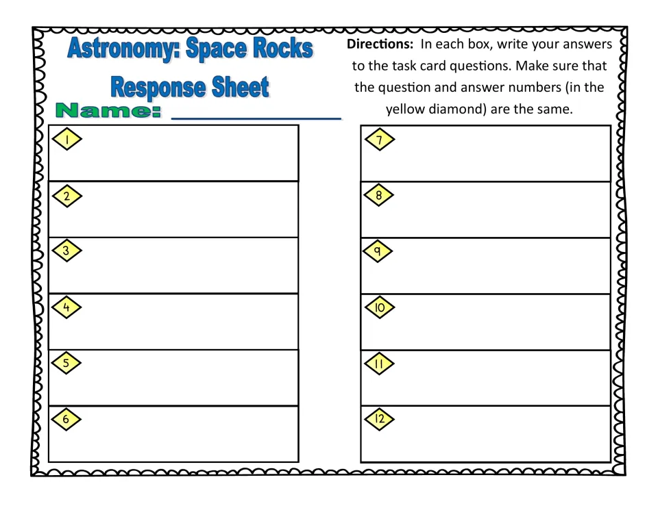Space rocks response sheet: students write their name and record answers in 12 numbered spaces matching each task card