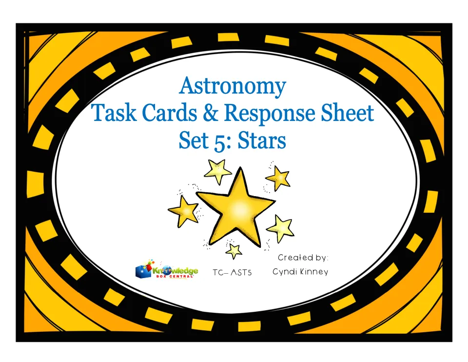 Cover for Astronomy Task Cards & Response Sheet, Set 5: Stars, by Cyndi Kinney, decorated with cartoon gold stars