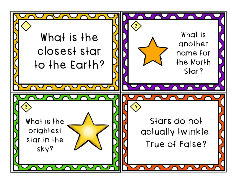 Star task cards 1-4: name the closest star to Earth, the North Star's other name and the brightest star; twinkle true/false
