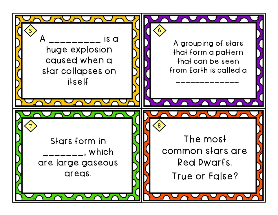 Star task cards 5-8: fill in blanks for an exploding star, star patterns and where stars form; red dwarf true/false