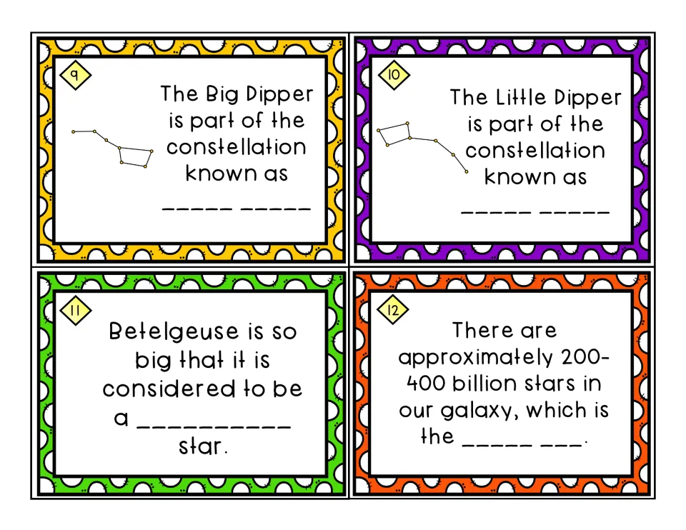 Star task cards 9 to 12: name the constellations holding the Big and Little Dipper, Betelgeuse's star type and our galaxy