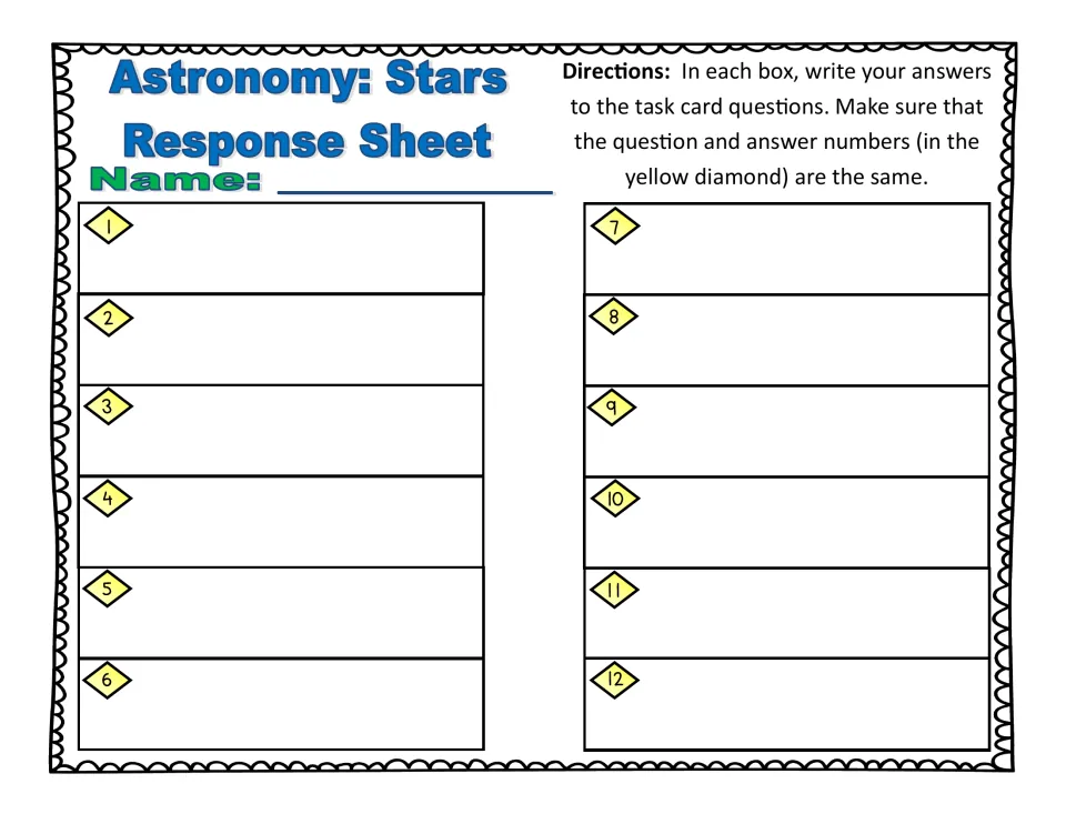 Astronomy: Stars Response Sheet: students record answers to card questions 1-12 in matching numbered spaces
