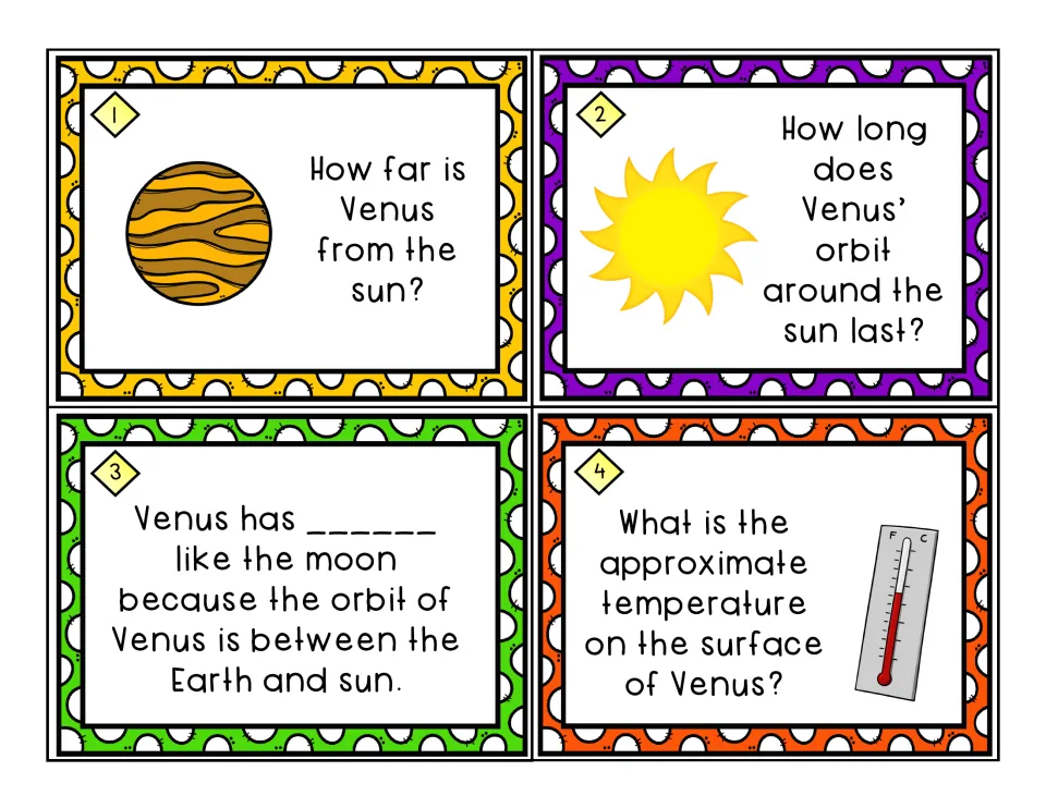 Venus task cards 1–4 ask about its distance from the sun, orbit length, a moon comparison and surface temperature