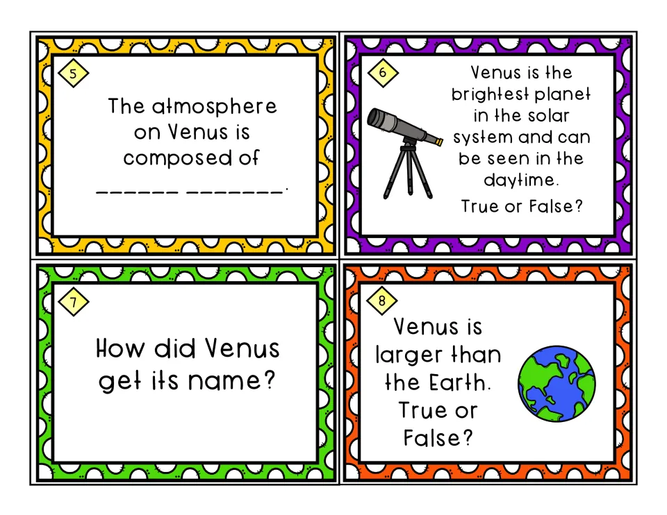 Task cards 5–8: its atmosphere, true or false on brightness and size vs. Earth, and how Venus got its name