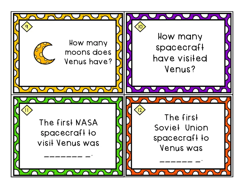 Task cards 9–12: how many moons Venus has, how many spacecraft visited, and the first NASA and Soviet probes